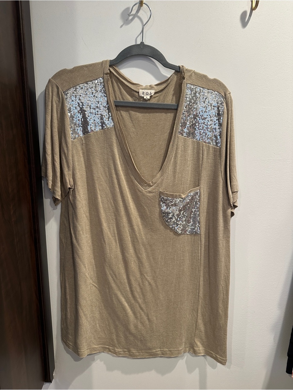 POL Taupe V-Neck Tee with Silver Sequin Shoulders & Pocket